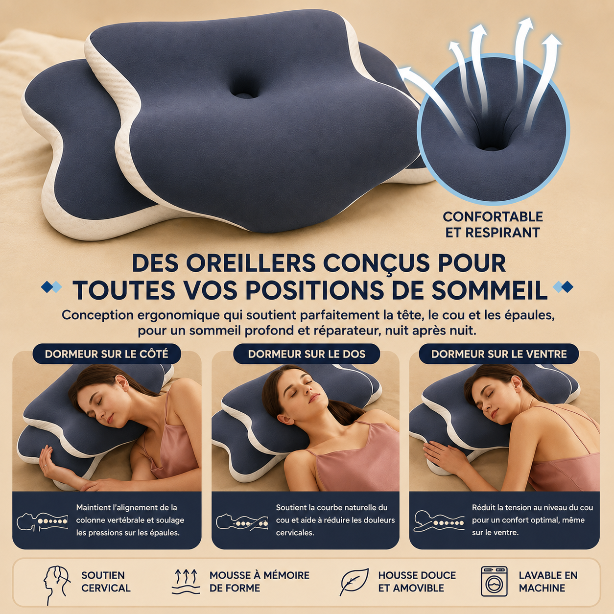 Oreiller cervical en mousse à mémoire de forme.