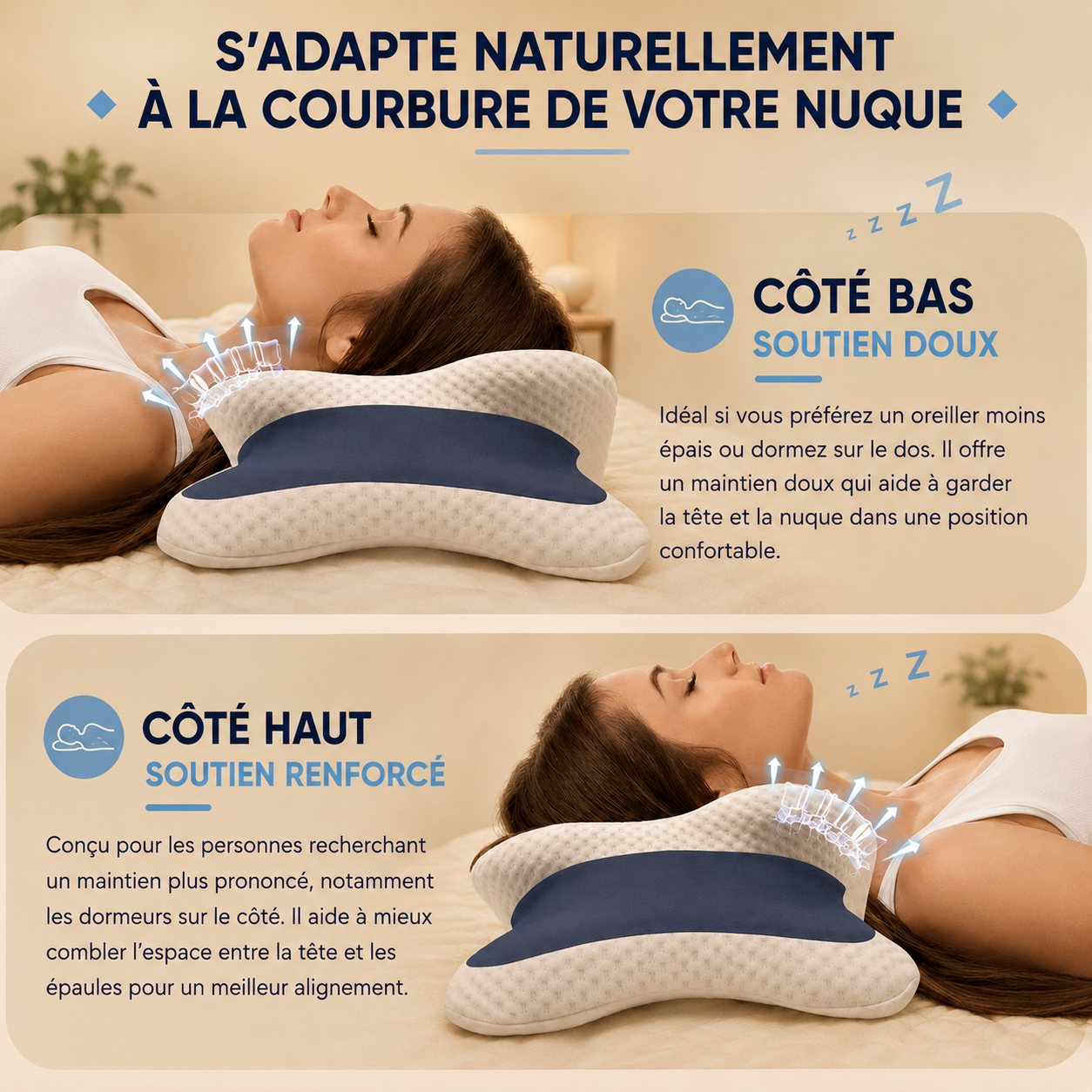 Oreiller cervical en mousse à mémoire de forme.